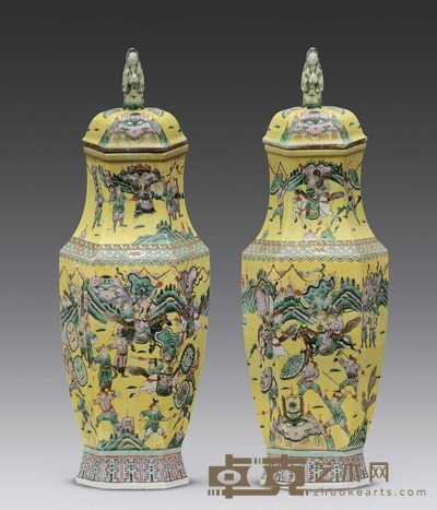 清代 黄釉粉彩人物六方瓶（一对） 高71cm
